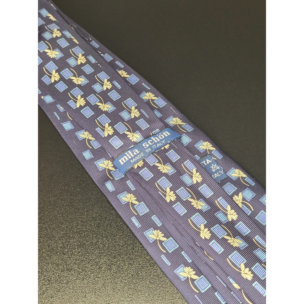Mila Schon Necktie Blue Yellow Geometric Floral 100% Silk Made in Italy